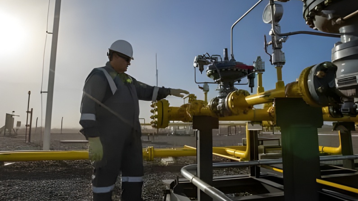 Gas pipeline worker inspecting valves at a shale gas facility in Argentina