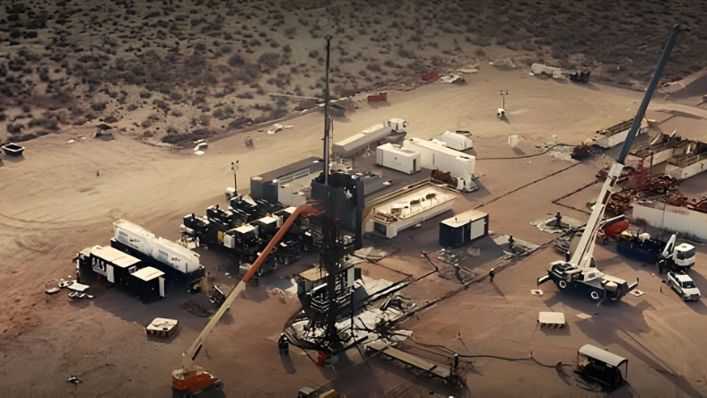 Aerial view of a shale drilling site with rigs, cranes and equipment in a desert landscape